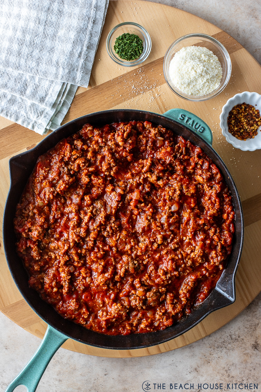 Overhead photo of a skillet of Italian Sloppy Joes