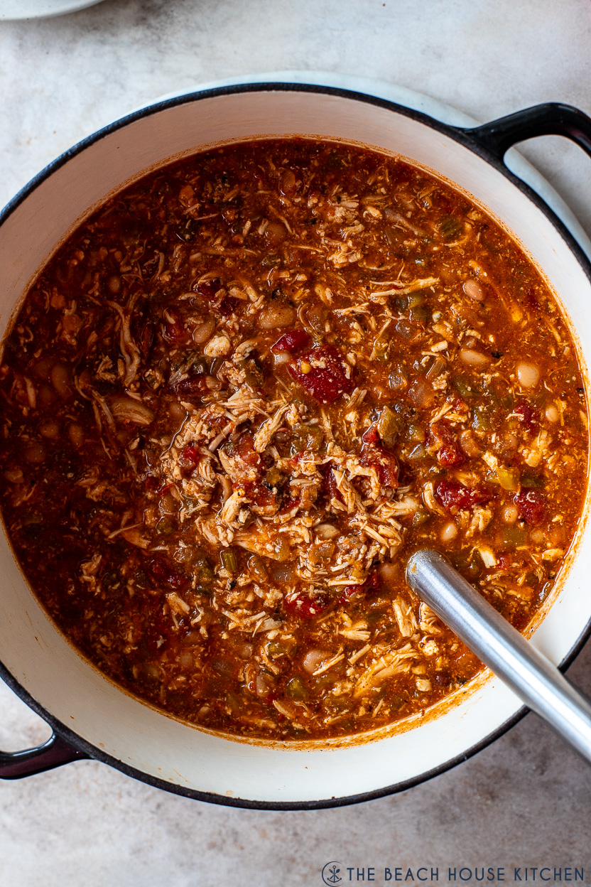 Up close overhead photo of a pot of buffalo chicken chili