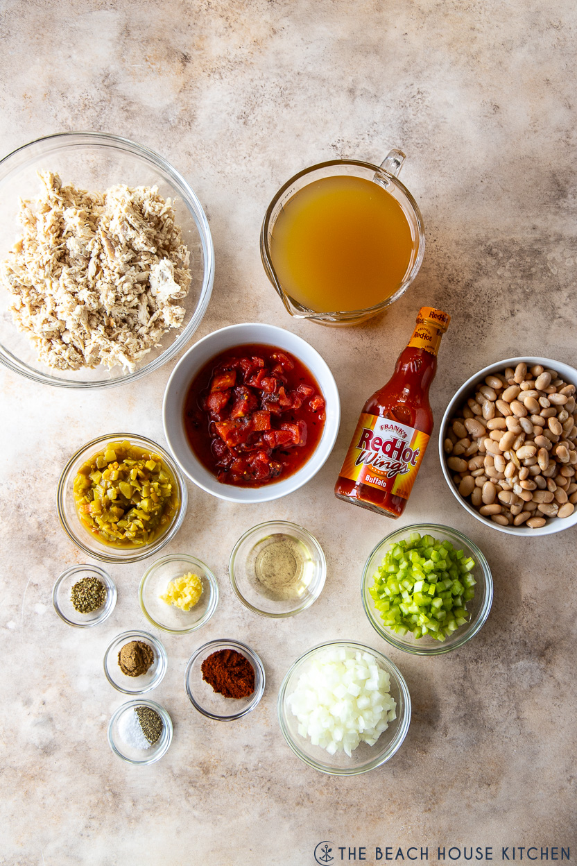 Overhead photo of ingredients for buffalo chicken chili
