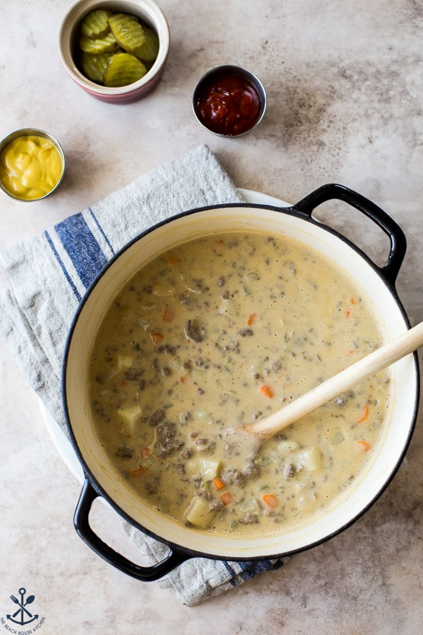 Overhead photo of a large pot of cheeseburger soup