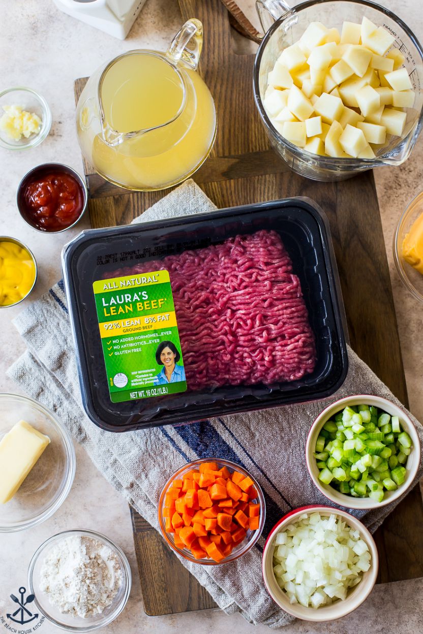 Overhead photo of ingredients for cheeseburger soup