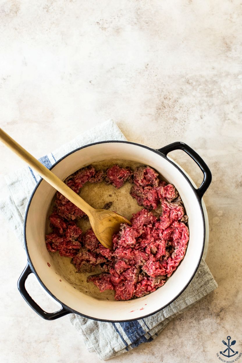 Overhead photo of a pot of pre-cooked hamburger meat