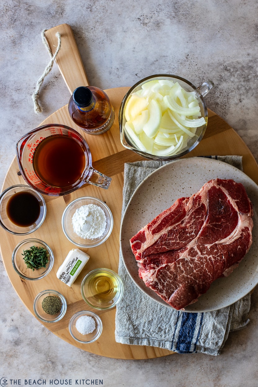 Overhead photo of ingredients for a French Onion pot roast