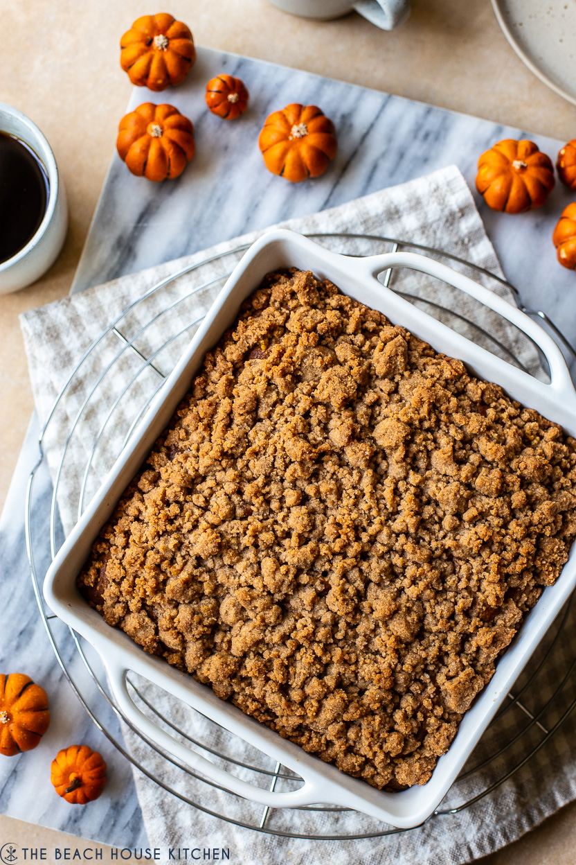 Up close overhead photo of a pumpkin crumb snack cake