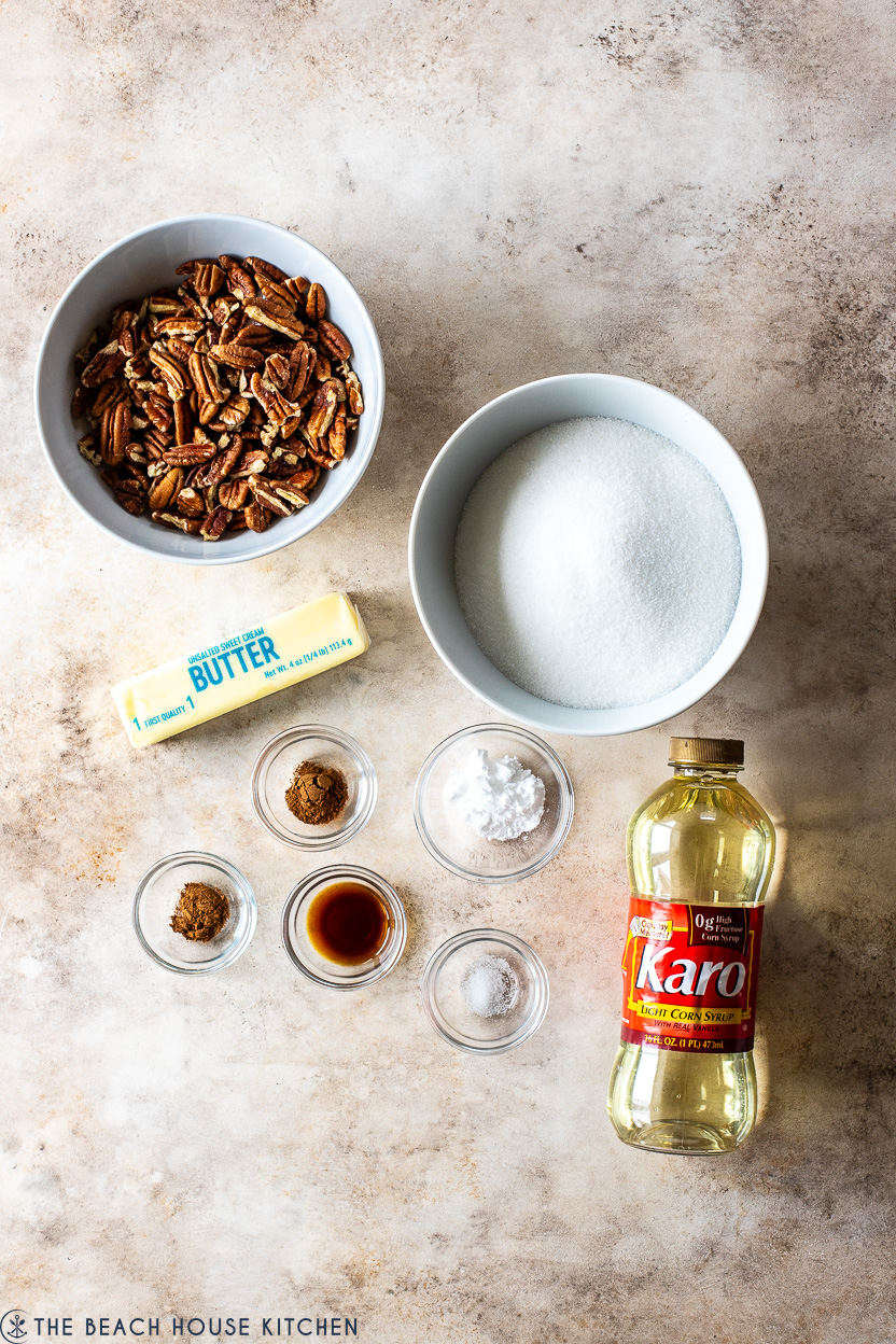 Overhead photo of ingredients for pumpkin spice pecan brittle