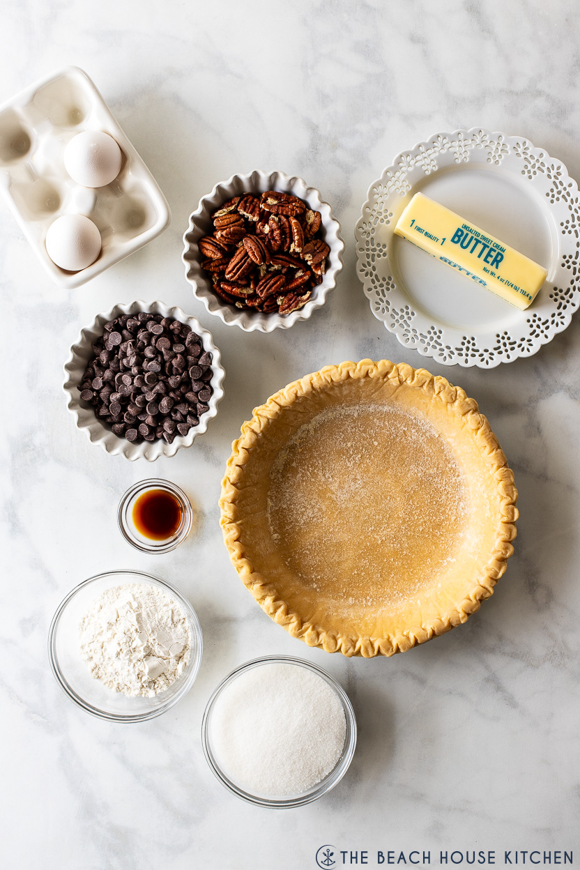 Overhead photo of ingredients for an easy chocolate chip pie