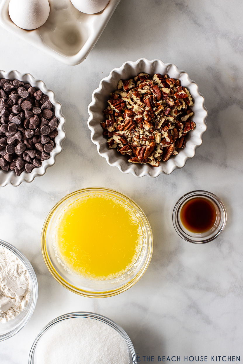 Up close overhead photo of ingredients for an easy chocolate chip pie