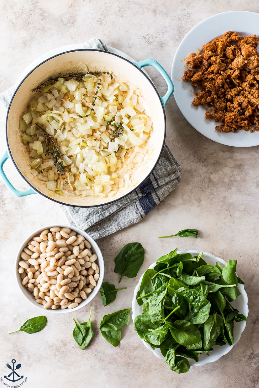 Overhead photo of ingredients for white bean chorizo stew