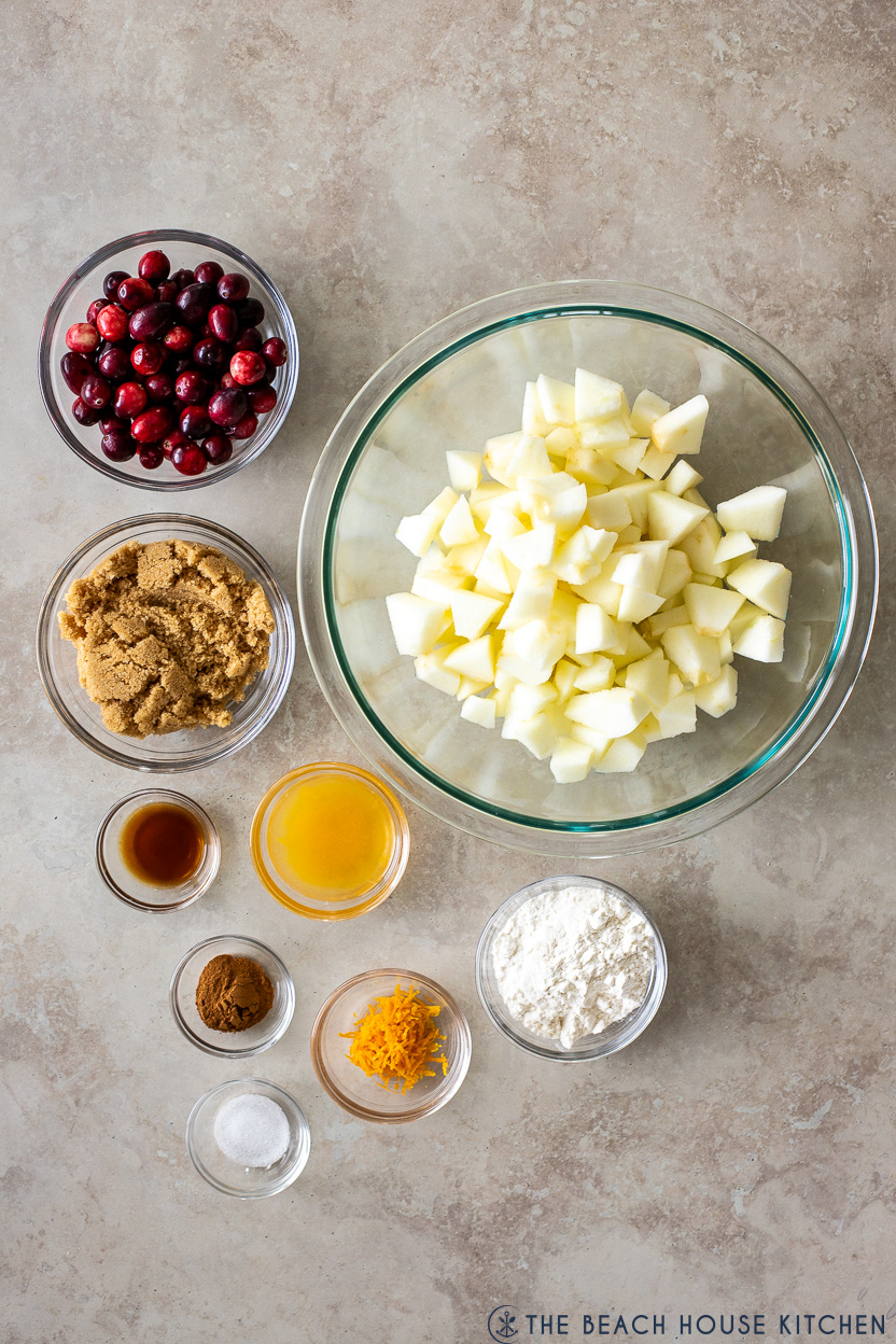 Overhead photo of ingredients for apple cranberry crisp filling
