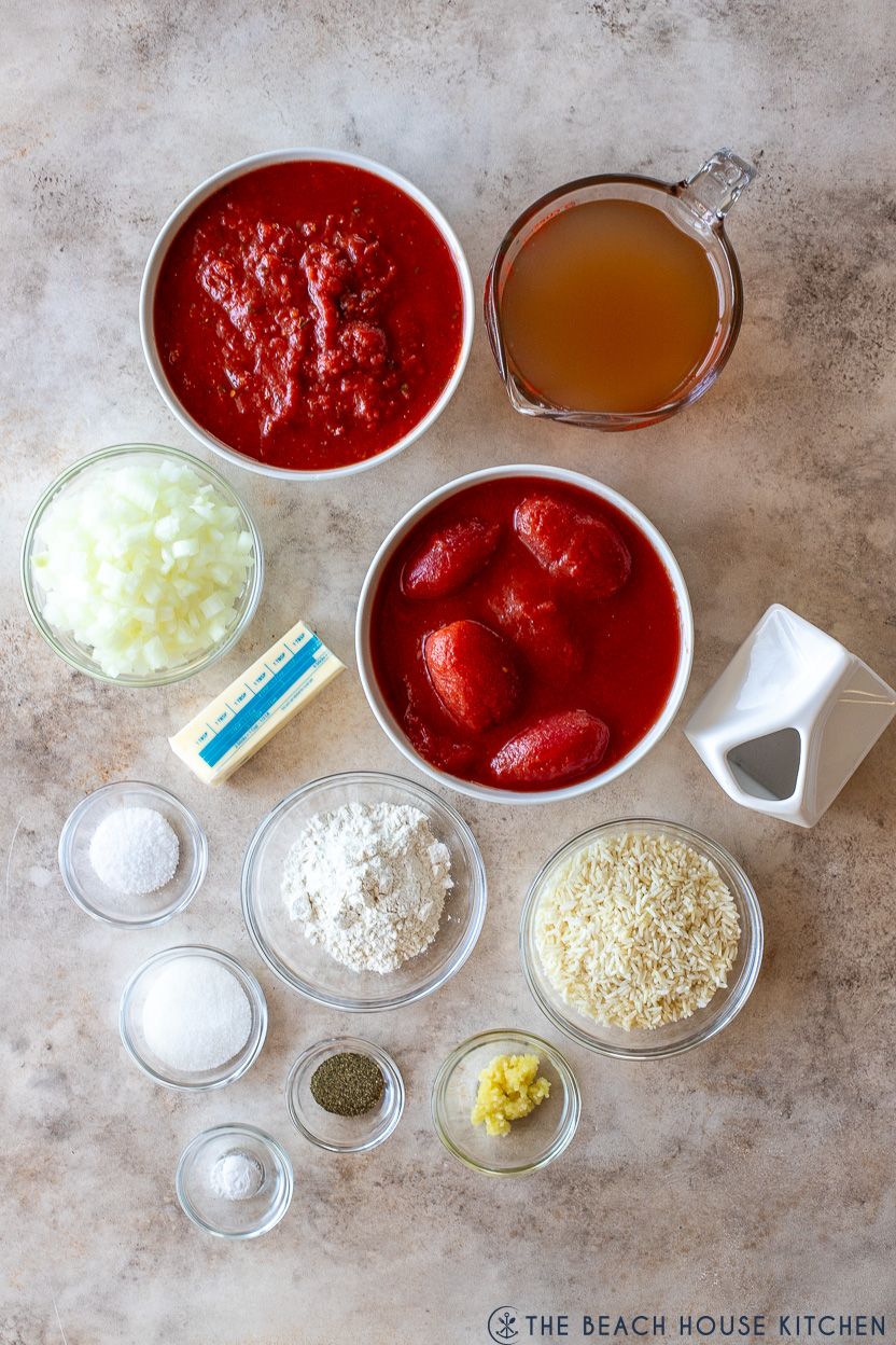 Overhead photo of ingredients for creamy tomato rice soup