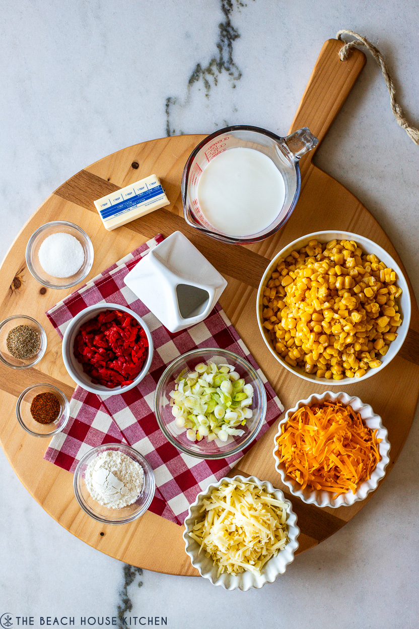Overhead photo of ingredients for pimento cheese creamy corn