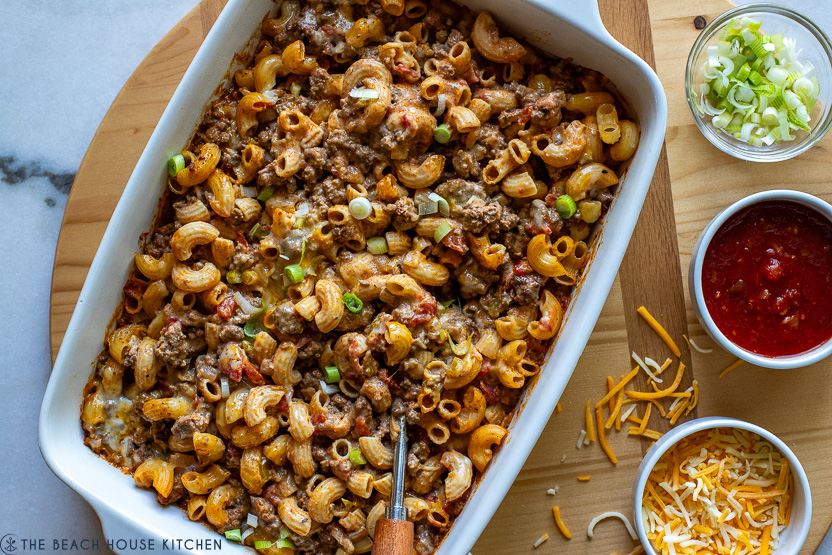 Overhead photo of a a noodle casserole with beef
