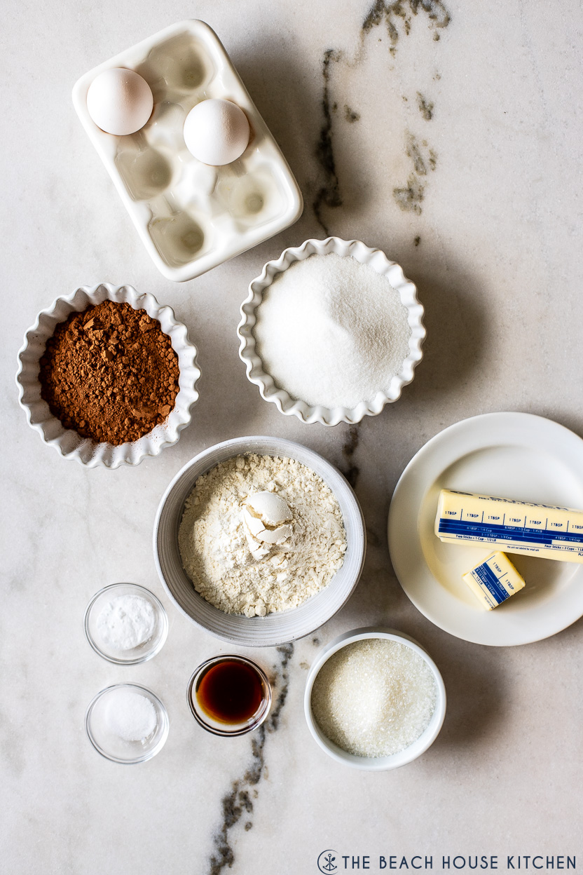 Overhead photo of ingredients for chocolate sugar cookies