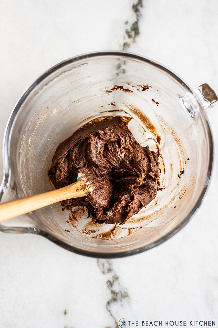 Overhead photo of a bowl of chocolate sugar cookie dough