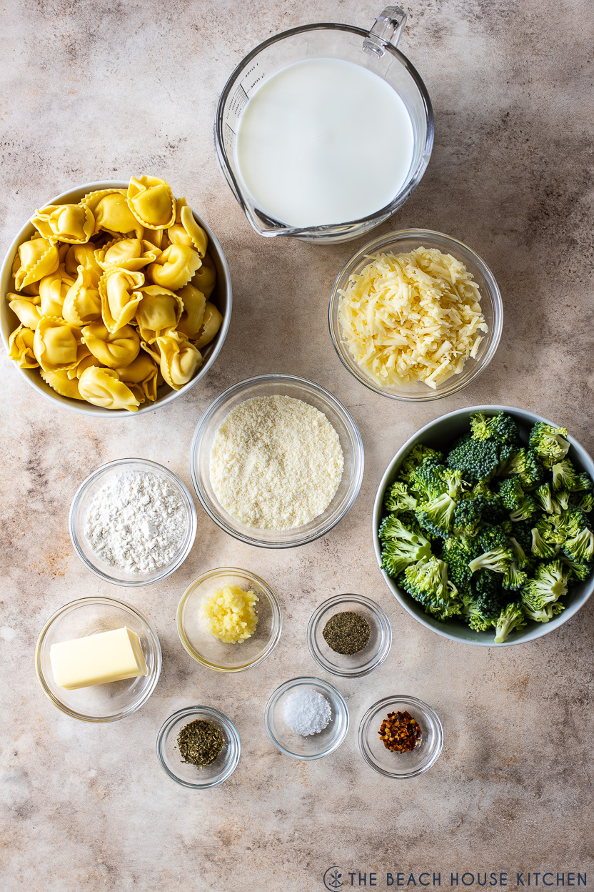 Overhead photo of ingredients for Creamy Cheesy Tortellini with Broccoli