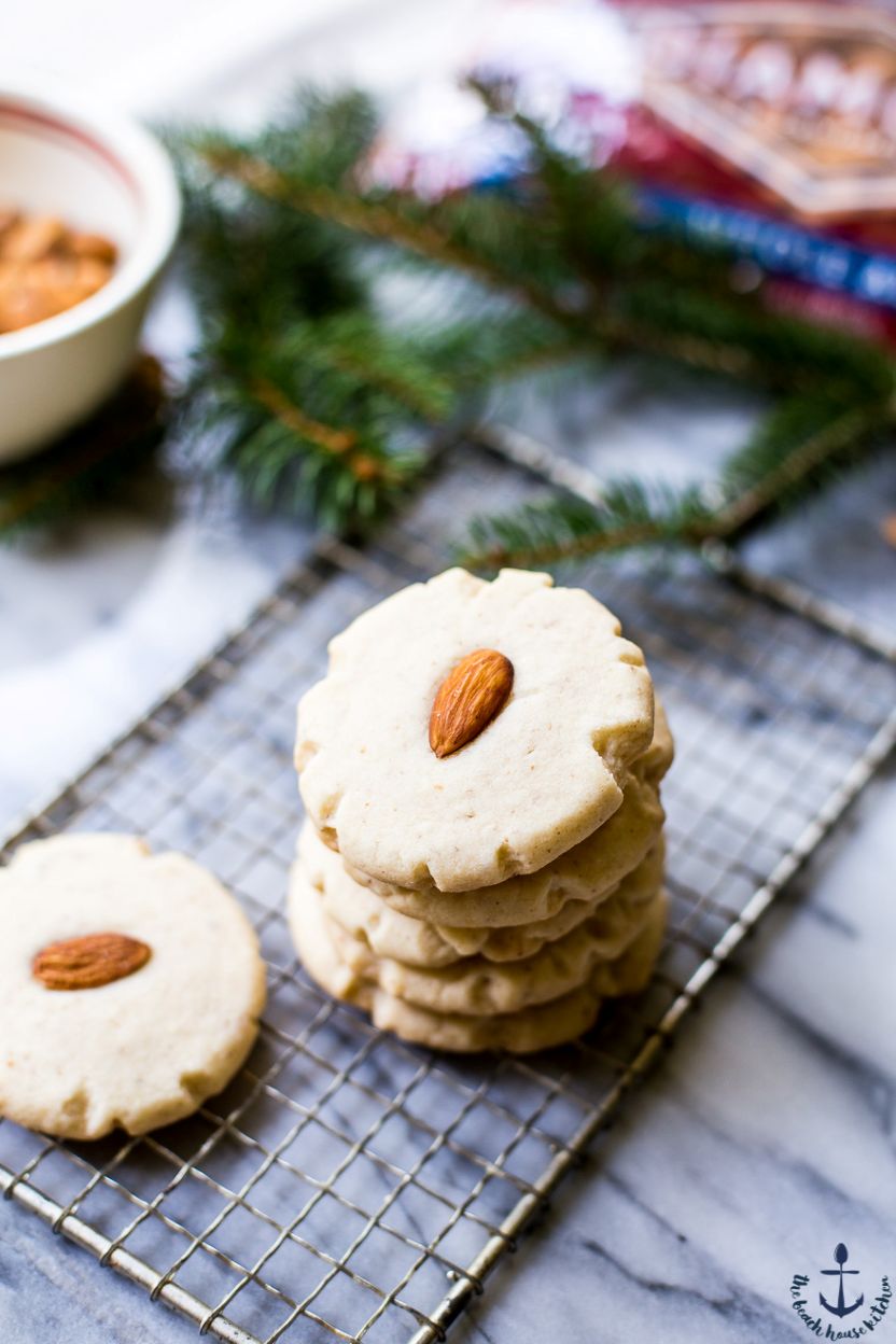 Up close photo of a stack of almond meltaway cookies