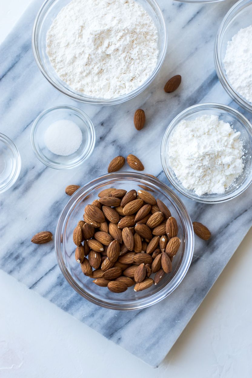 Up close overhead photo of ingredients for almond meltaway cookies