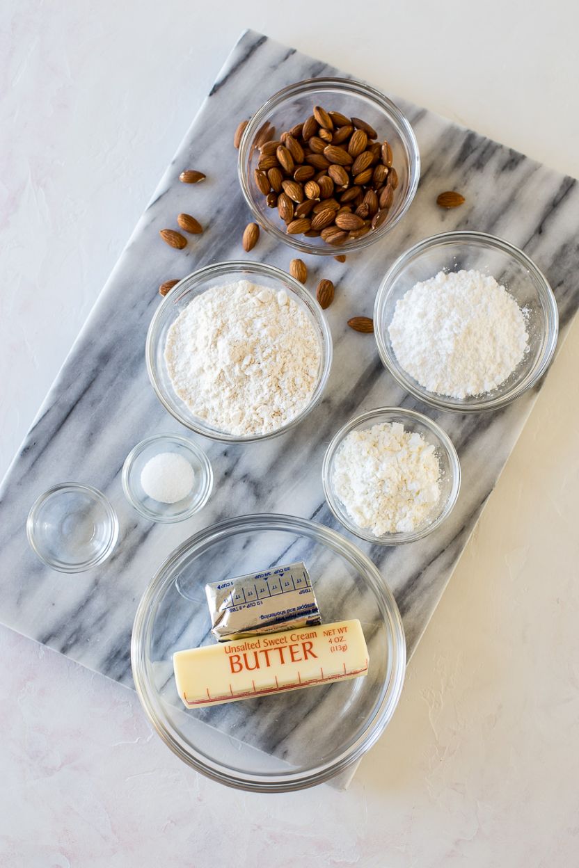 Overhead photo of ingredients for almond meltaway cookies