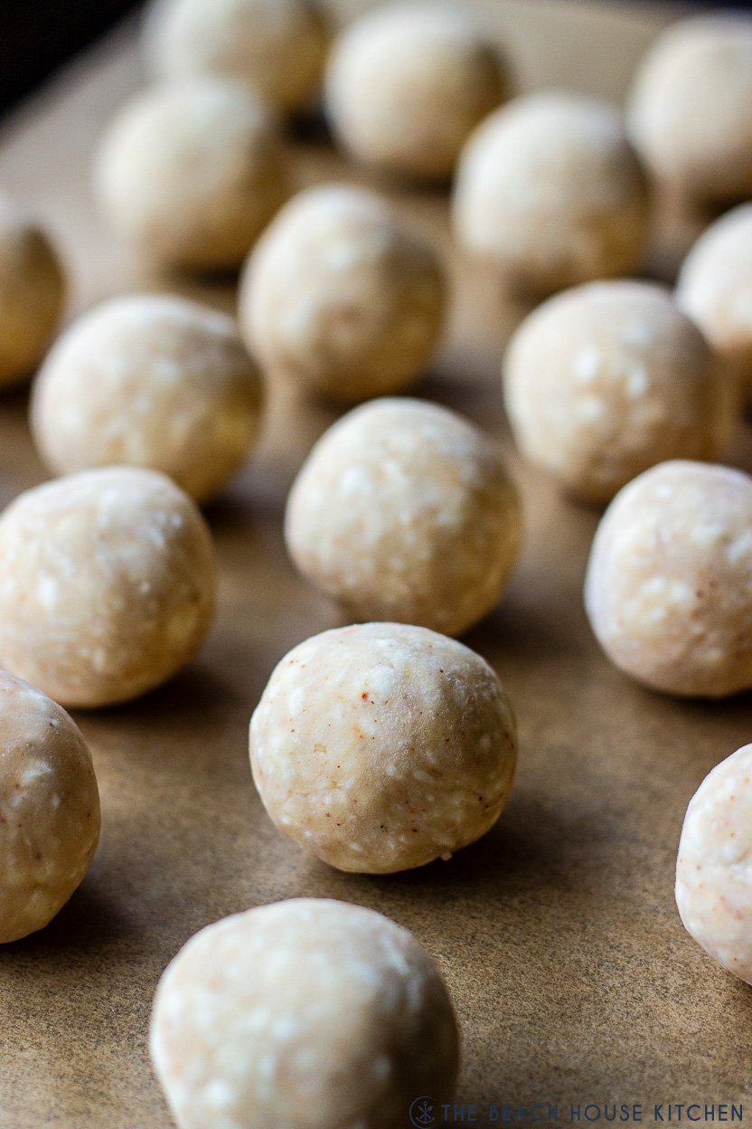 A tray of frozen olive balls
