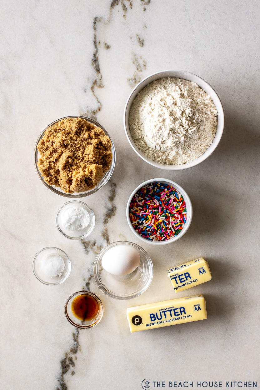 Overhead photo of ingredients for funfetti sugar cookies