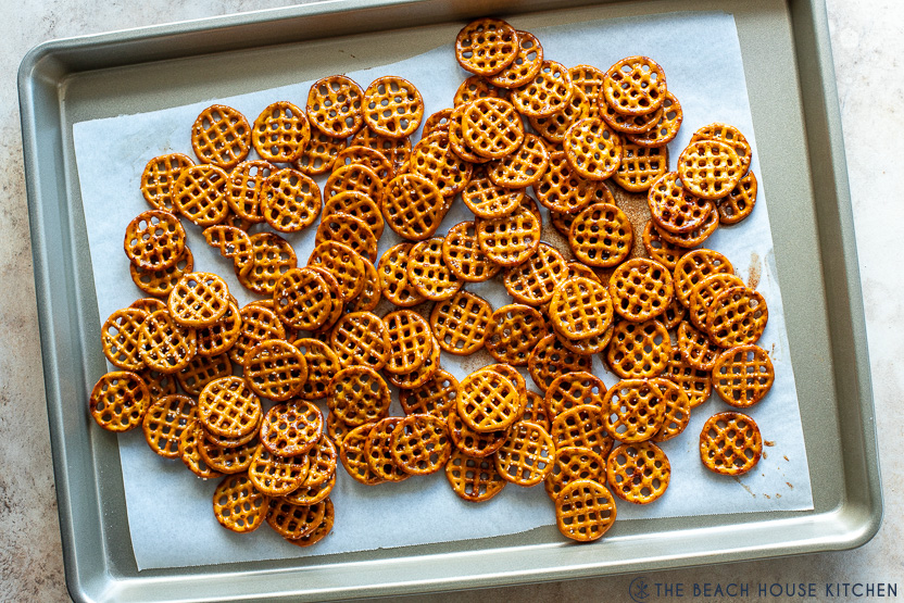 Overhead photo of a baking sheet of pretzel snaps
