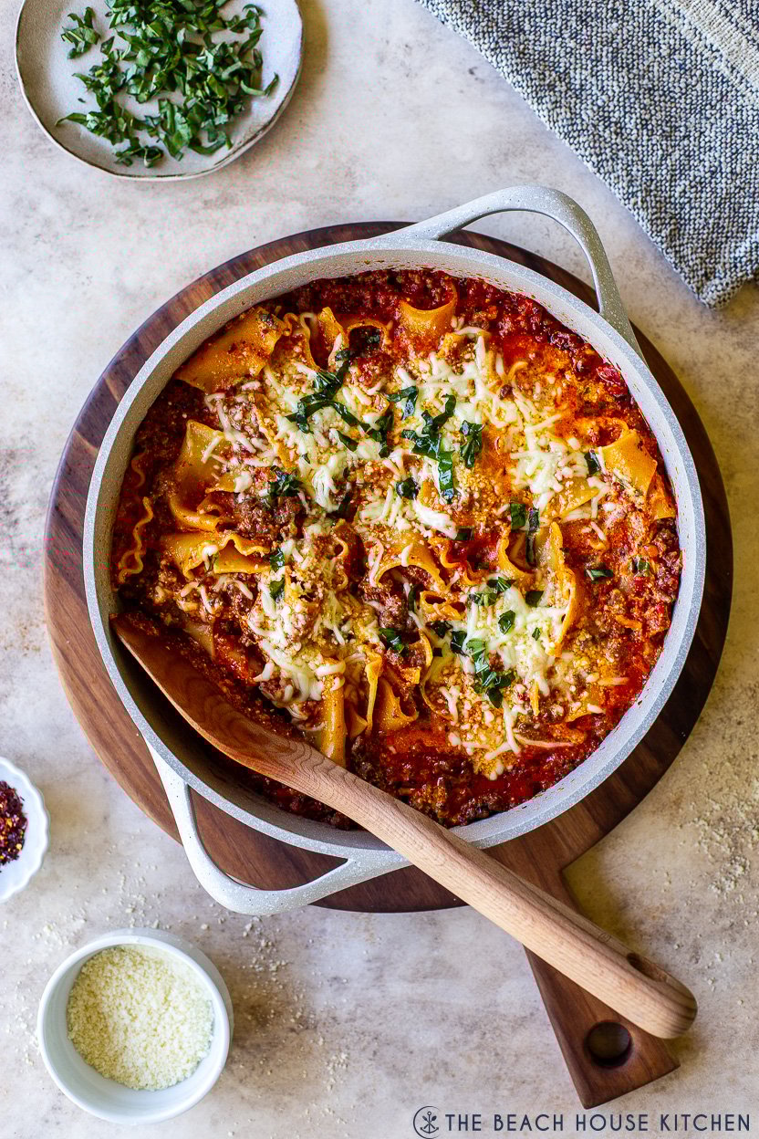 Overhead photo of an easy skillet stovetop lasagna