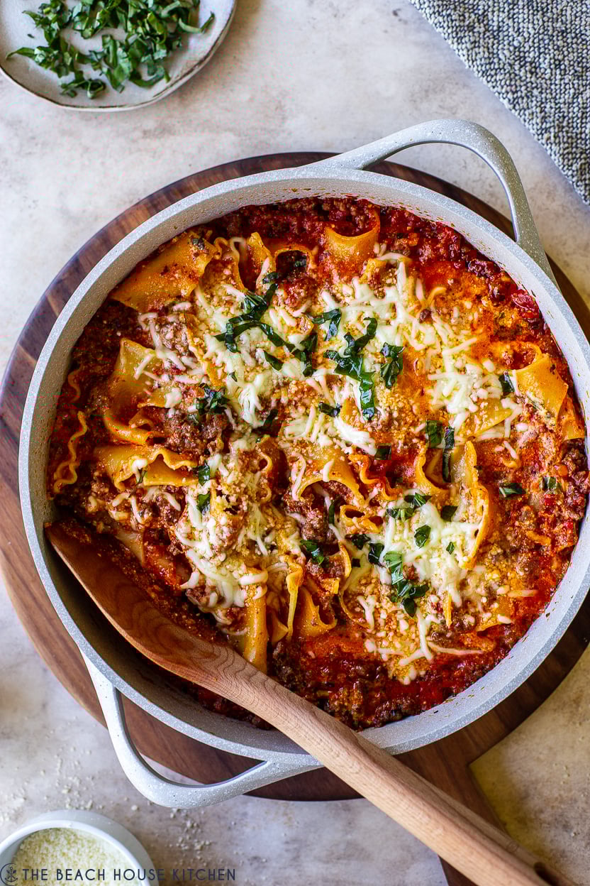 Up close overhead photo of a skillet stovetop lasagna
