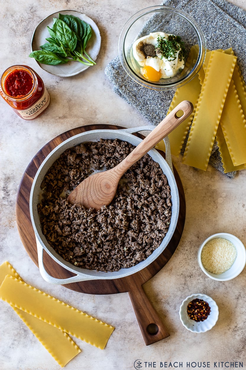 Overhead photo of ingredients for easy skillet stovetop lasagna