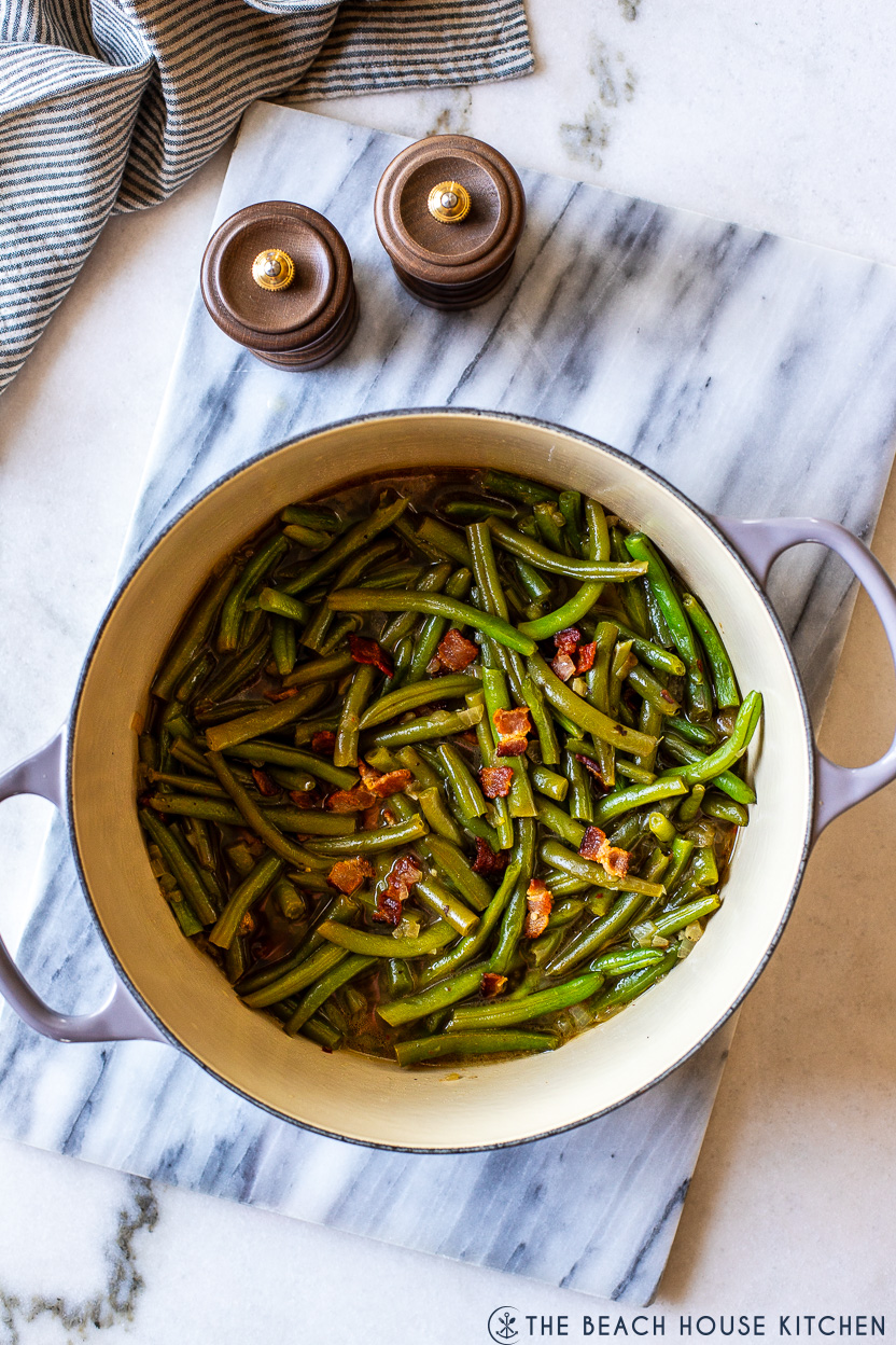 Overhead photo of a pot of Southern-Style Green Beans
