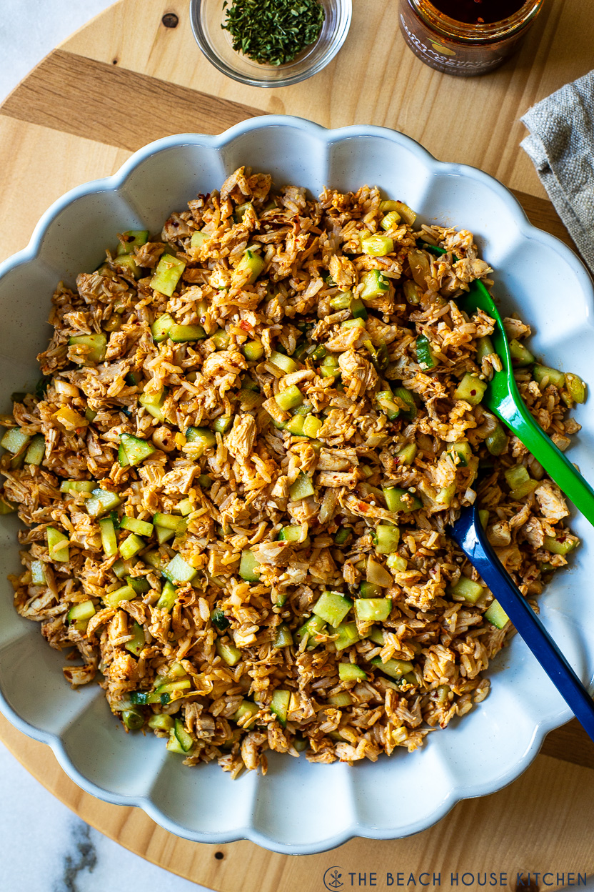 Up cloe overhead photo of a platter of Spicy Chicken and Rice Salad