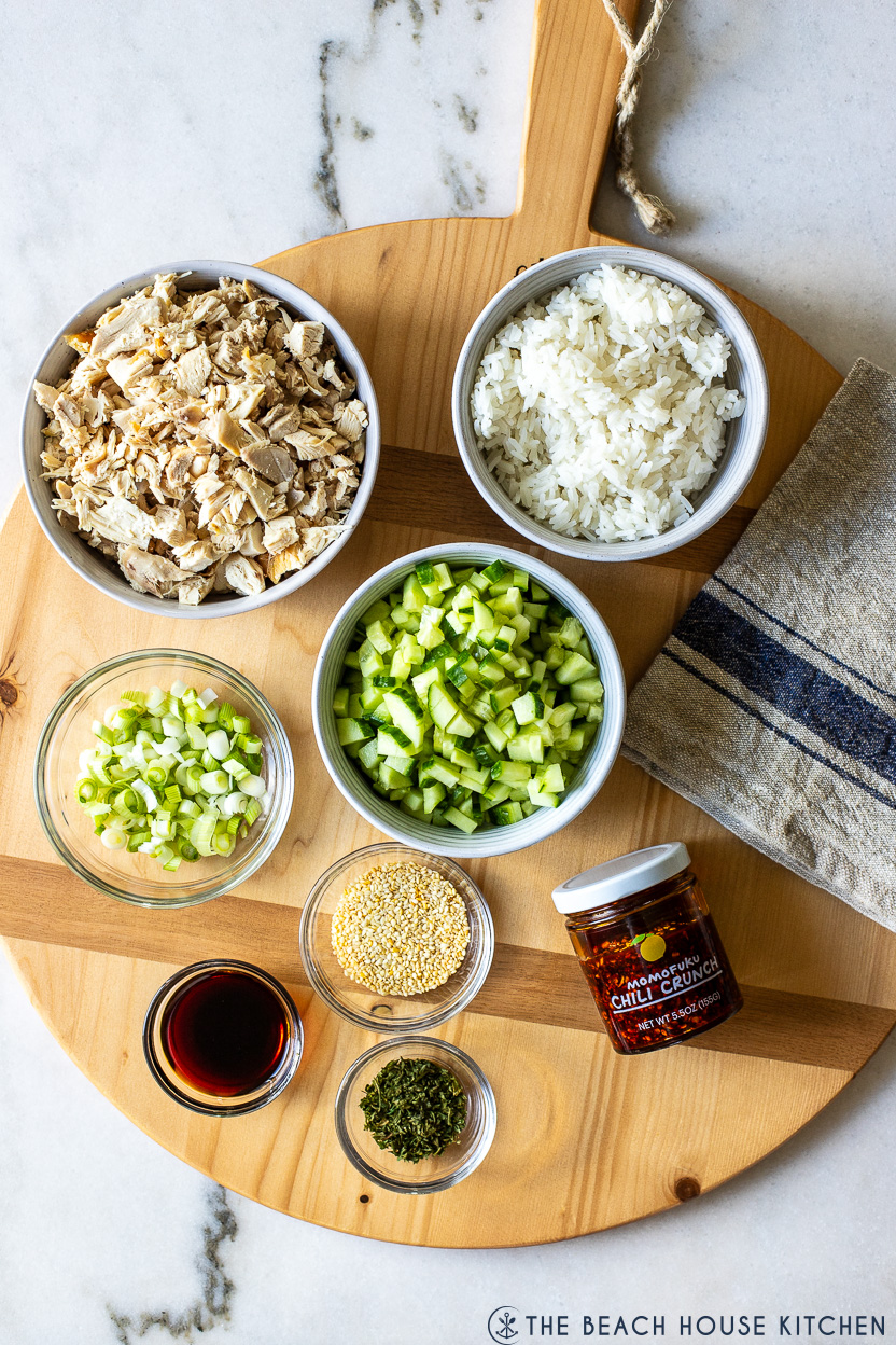 Overhead photo of the ingrdients for a chicken salad with cucumbers, rice and green onions