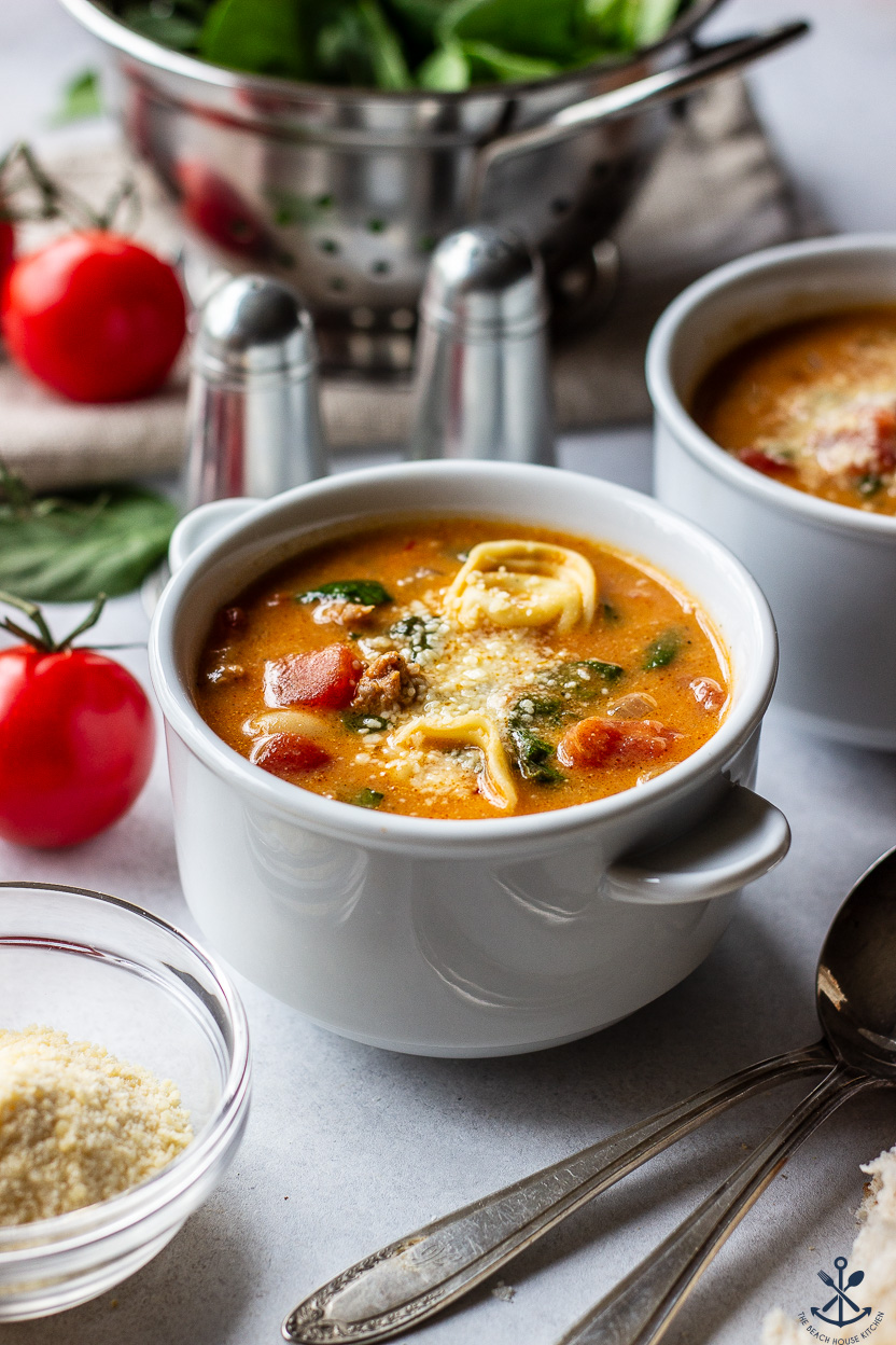 Up close photo of a bowl of tomato tortellini stew