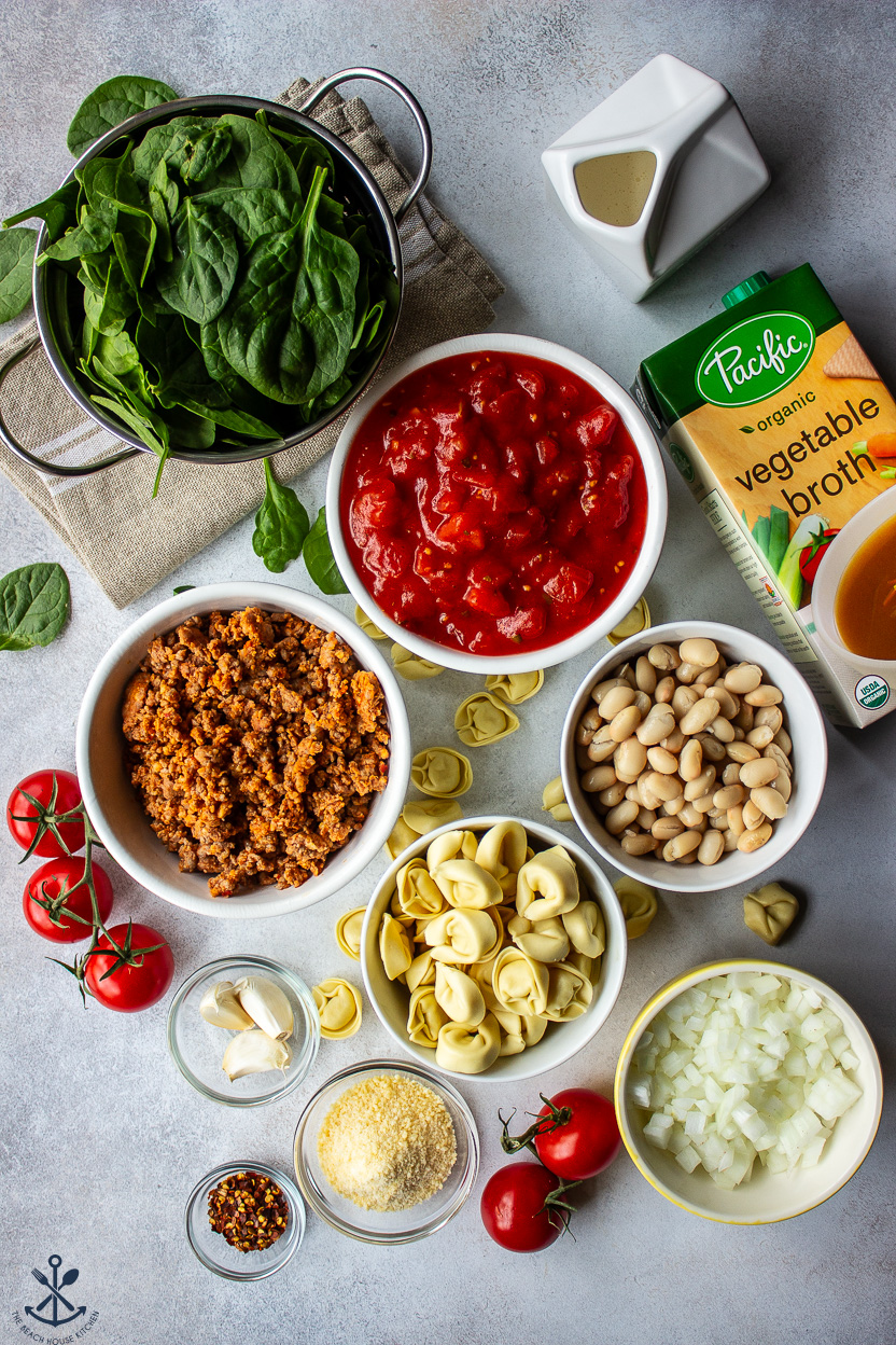 Overhead photo of ingredients for tomato tortellini stew