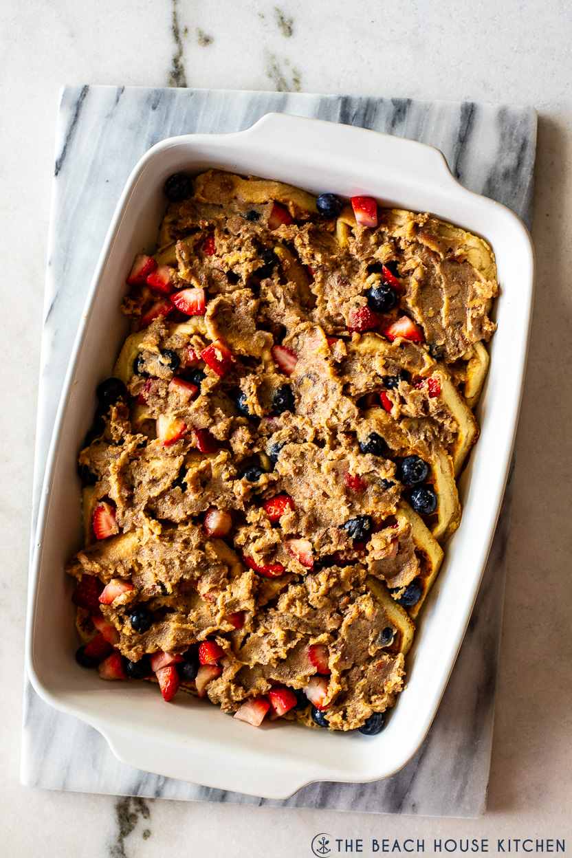 Overhead photo of pre-baked waffle breakfast casserole