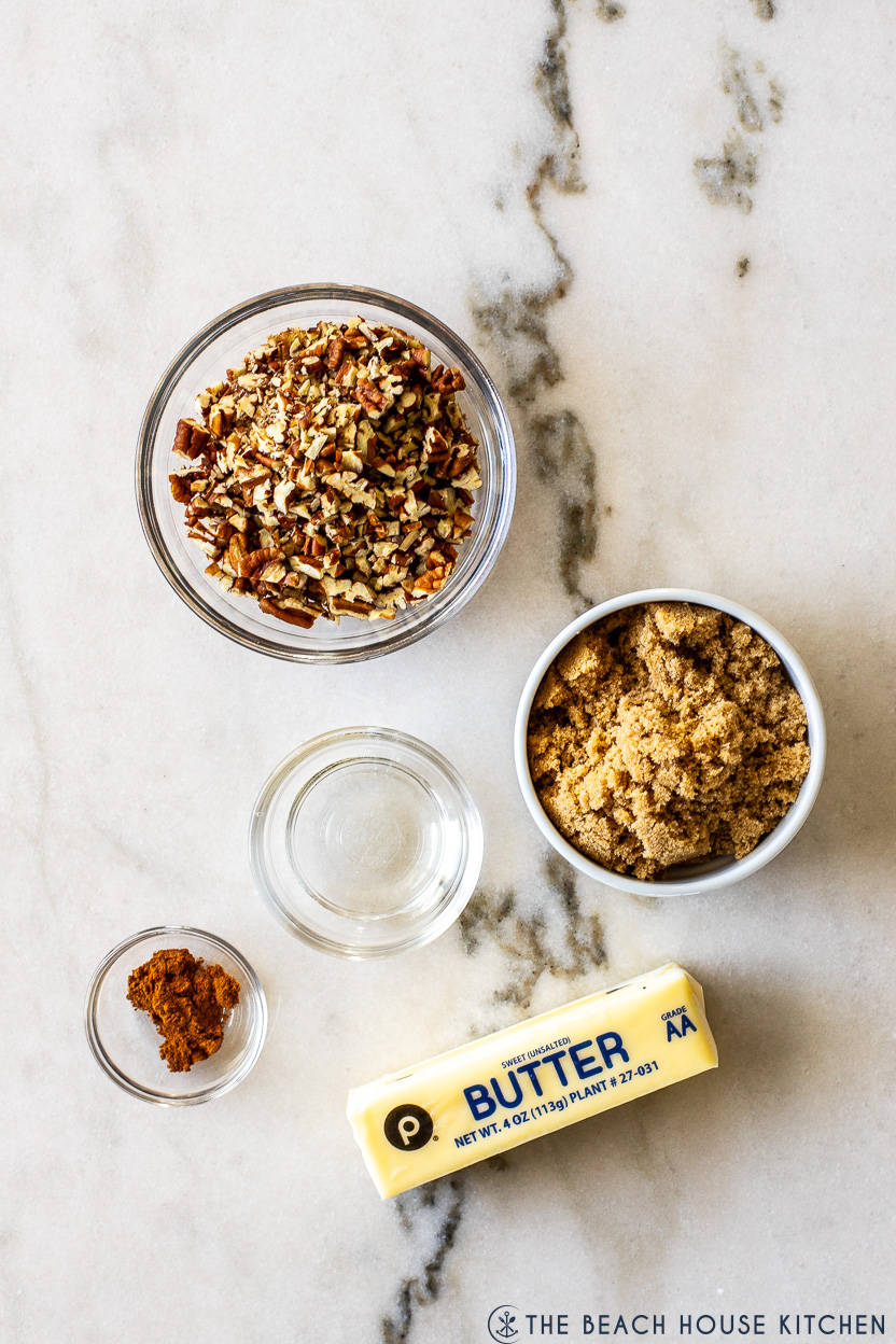 Overhead photo of ingrediets for brown sugar pecan topping