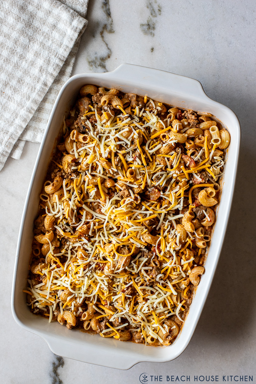 Overhead photo of pre-baked beef enchilada pasta