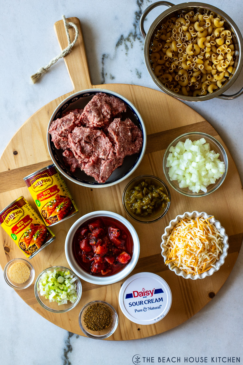 Overhead photo of ingredients for beef enchilada pasta