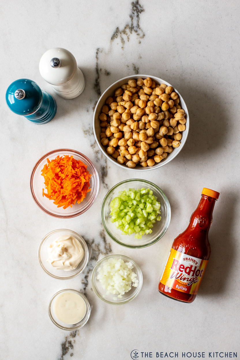 Overhead photo of ingredients for a buffalo chickpea salad