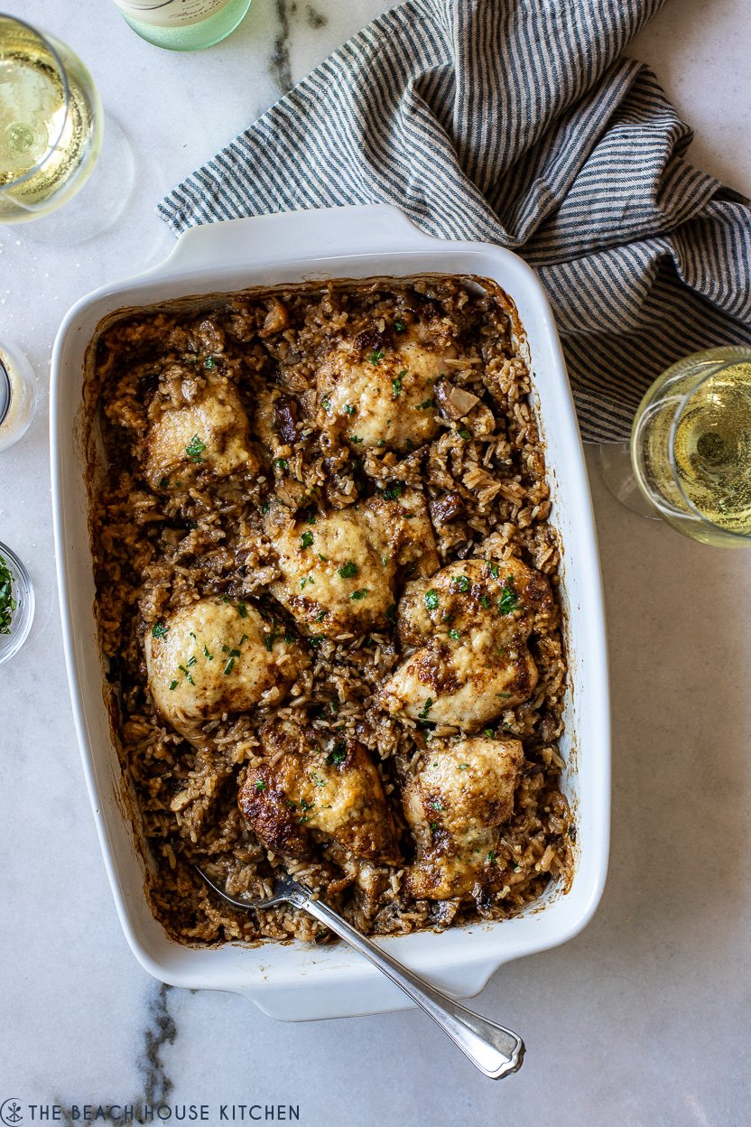 Overhead photo of a chicken and rice dish