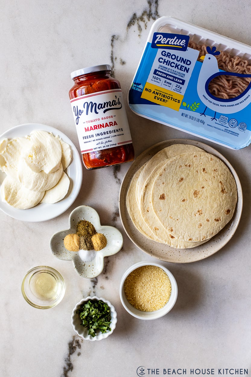 Overhead photo of ingredients for chicken parmesan smash tacos