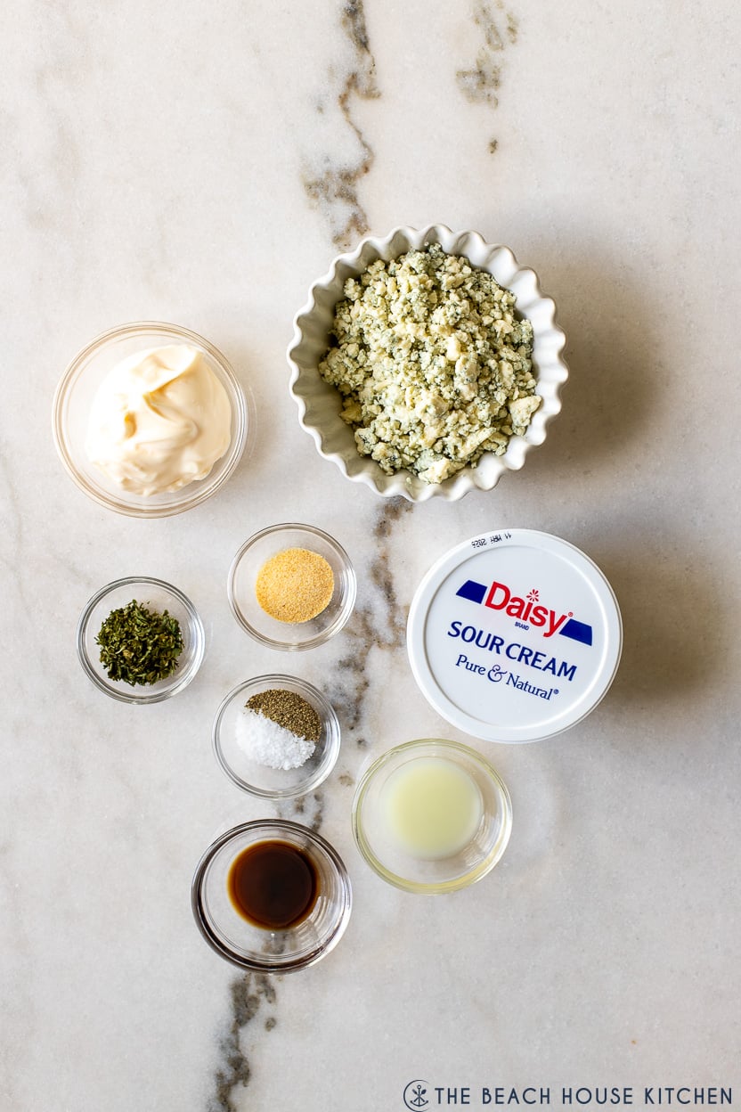 Overhead photo of ingredients for a blue cheese dressing