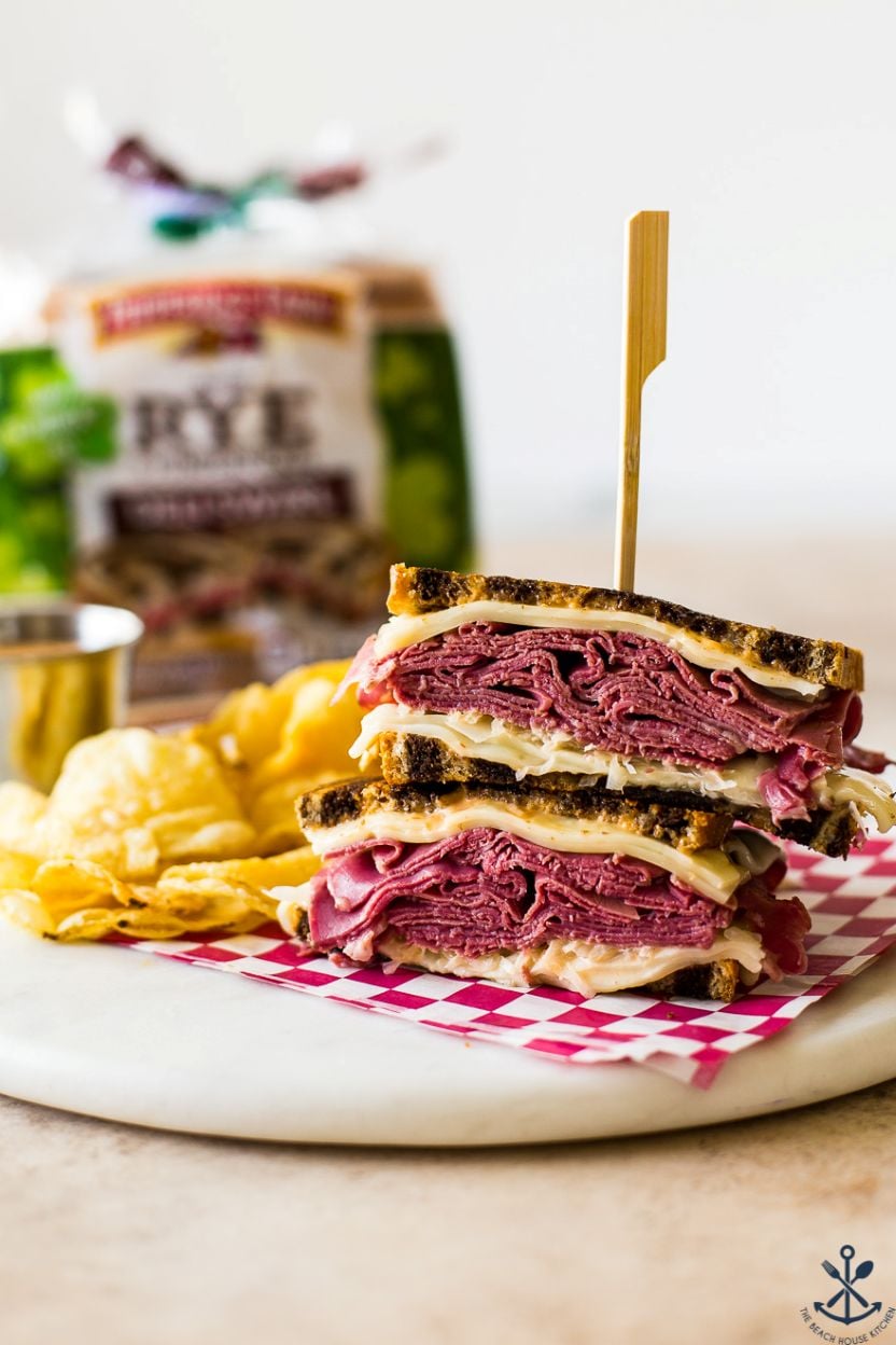Up close photo of a classic reuben sandwich