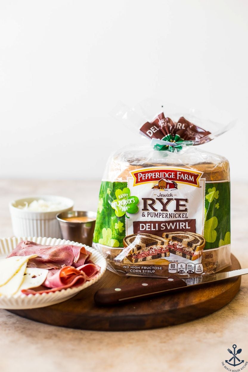 Up close photo of ingredients for a classic reuben sandwich