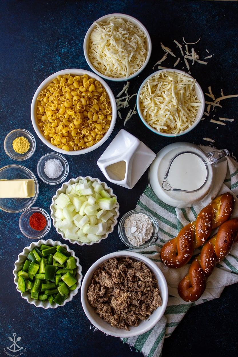 Overhead photo of ingredients for Philly Cheesesteak Macaroni and Cheese