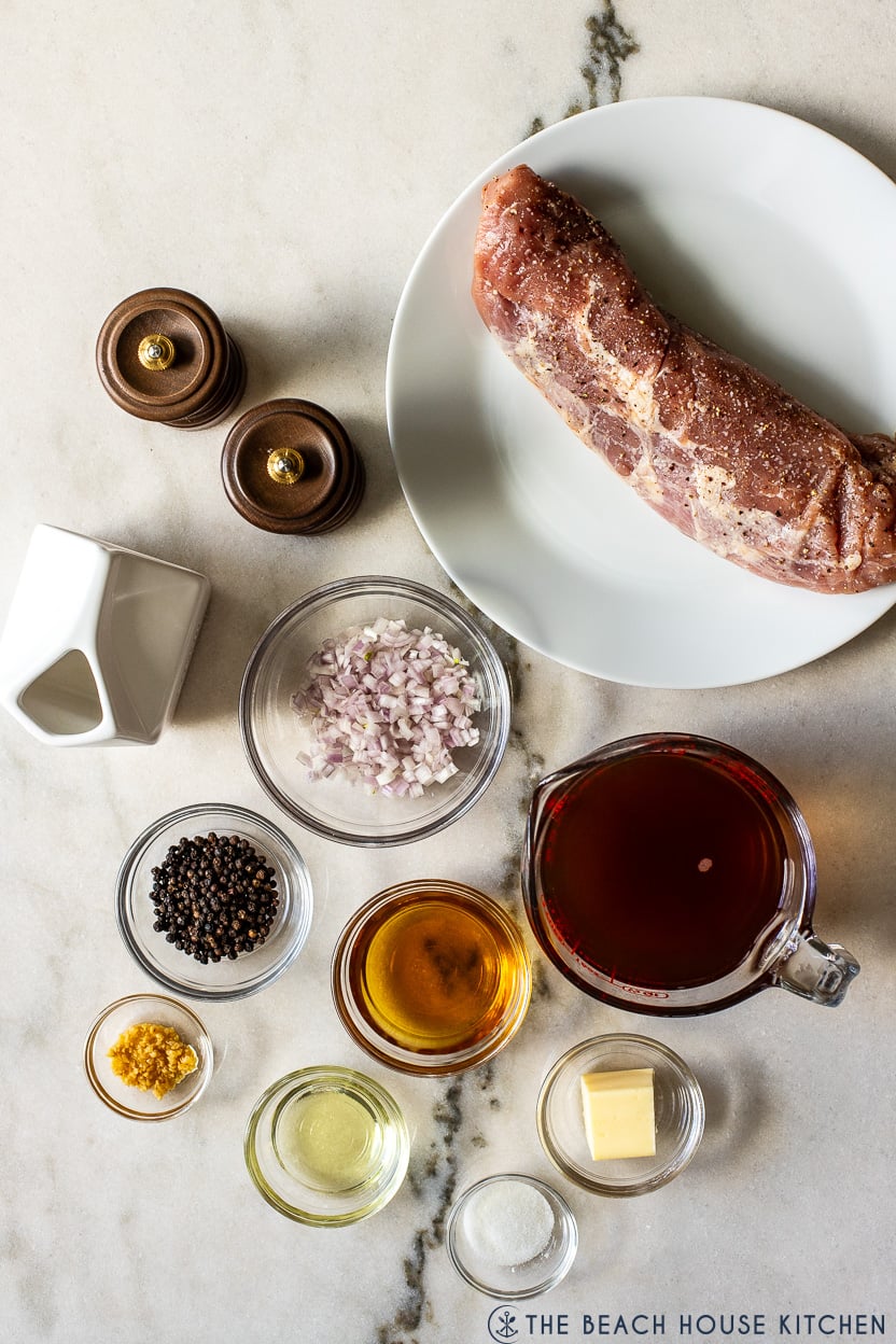 Overhead photo of ingredients for pork tenderloin with peppercorn dsauce