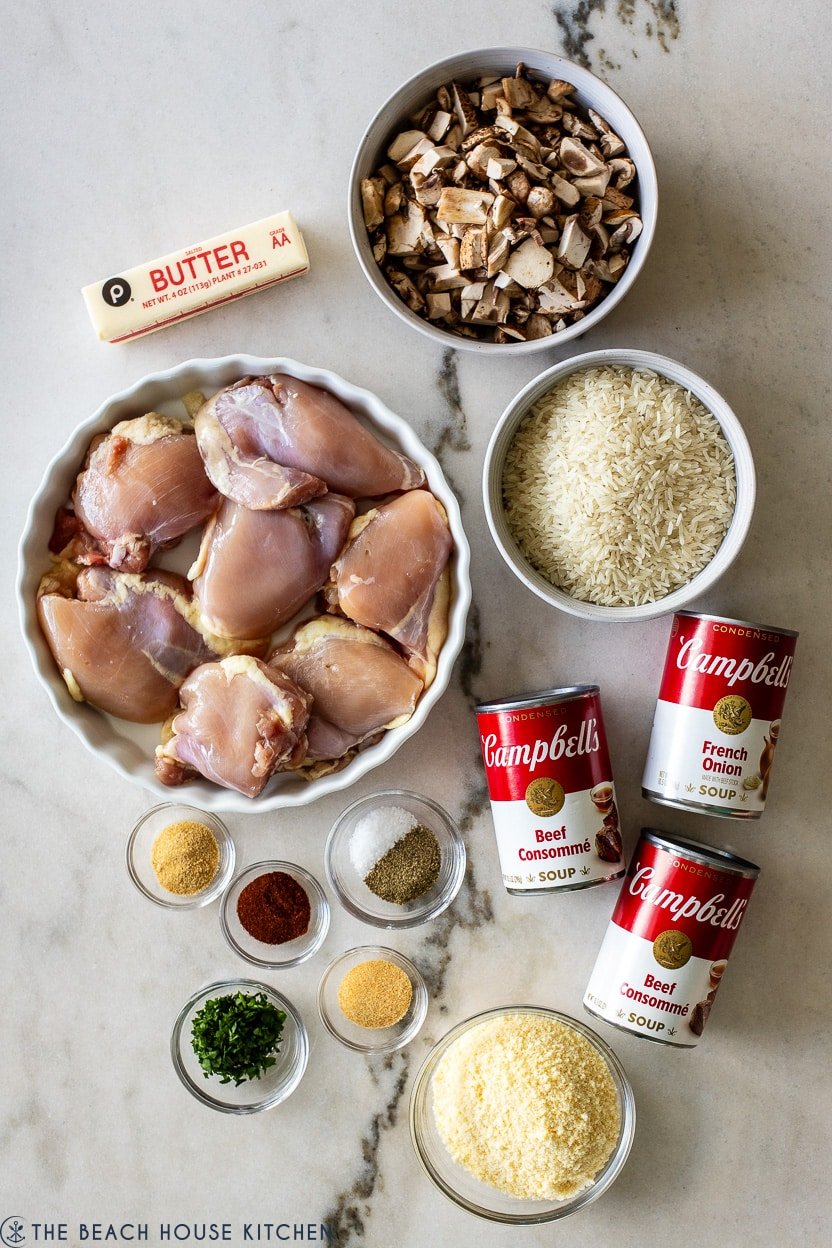 Overhead photo of ingredients for stick of butter chicken and rice