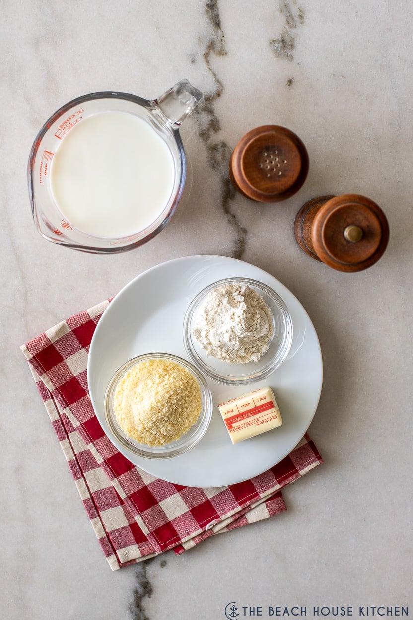 Overhead photo of ingredients for Mornay sauce