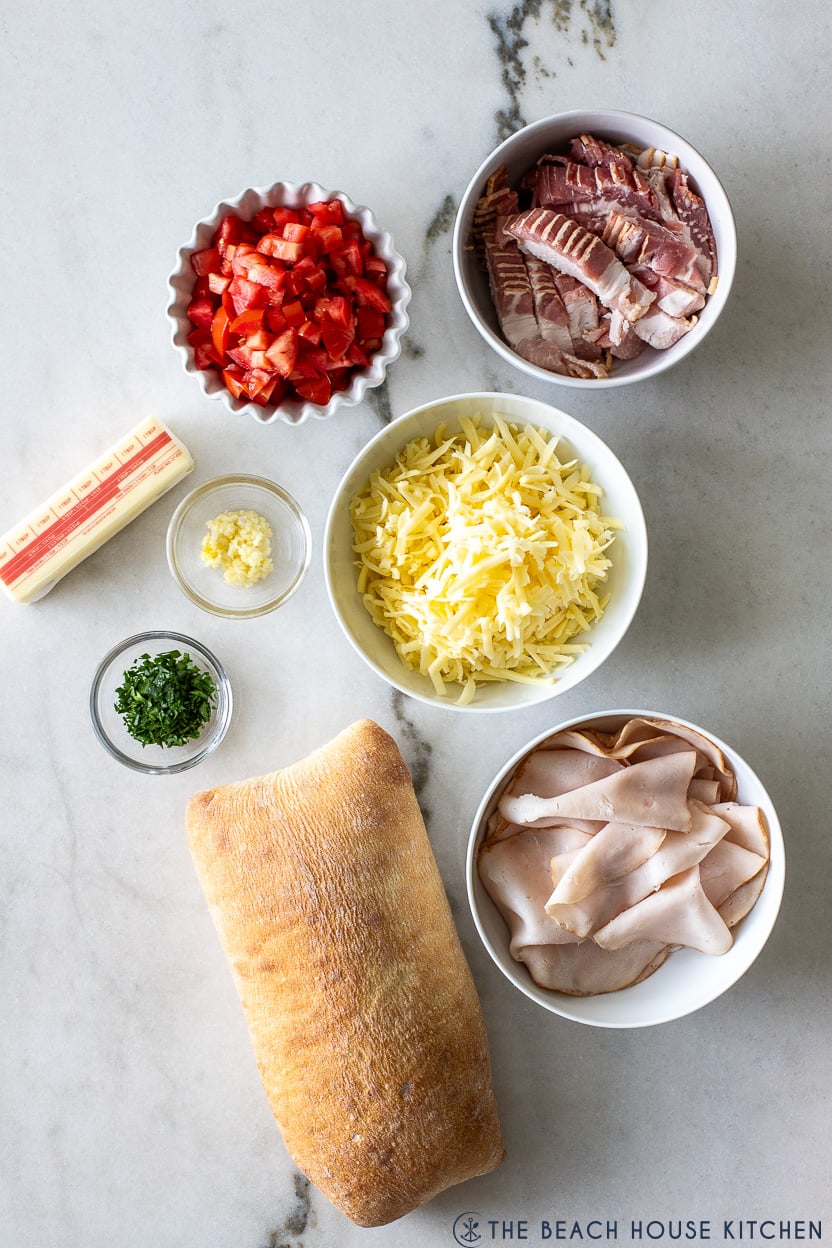 Overhead photo of ingredients for Kentucky Hot Brown Garlic Bread
