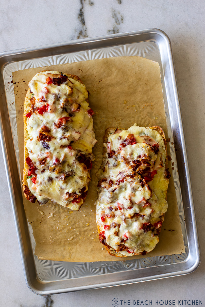 Overhead photo of two loaves of Kentucky hot brown garlic bread