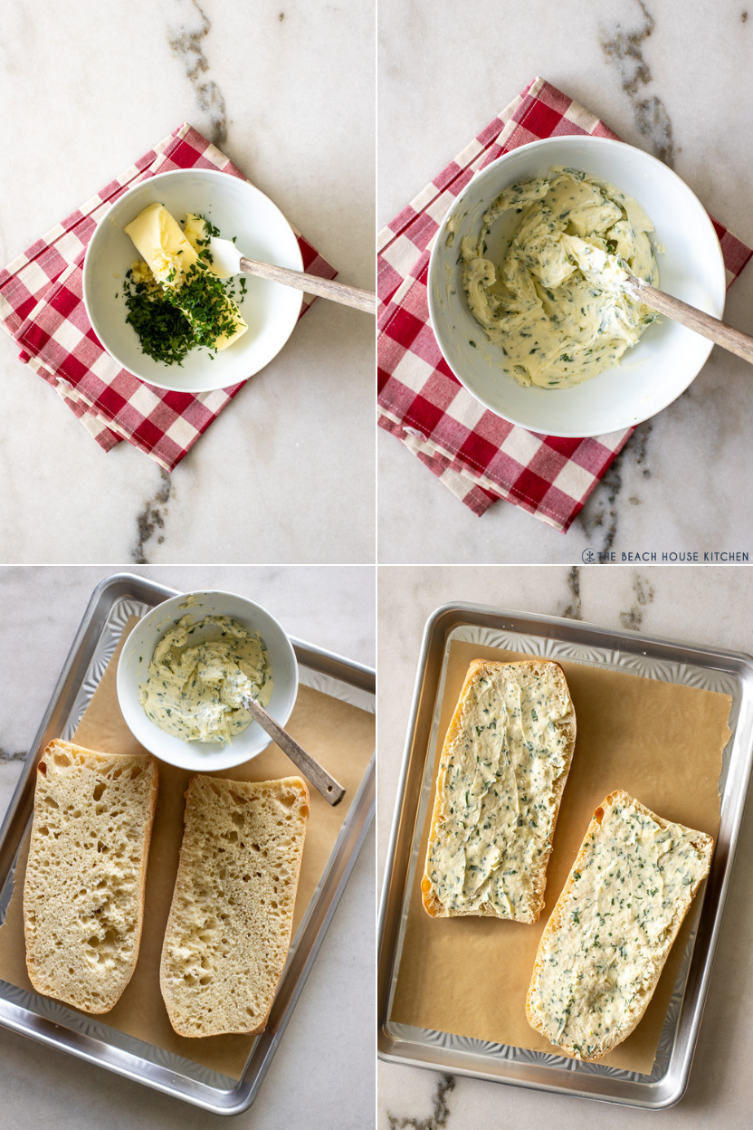 collage of four photos of ingredients for garlic bread